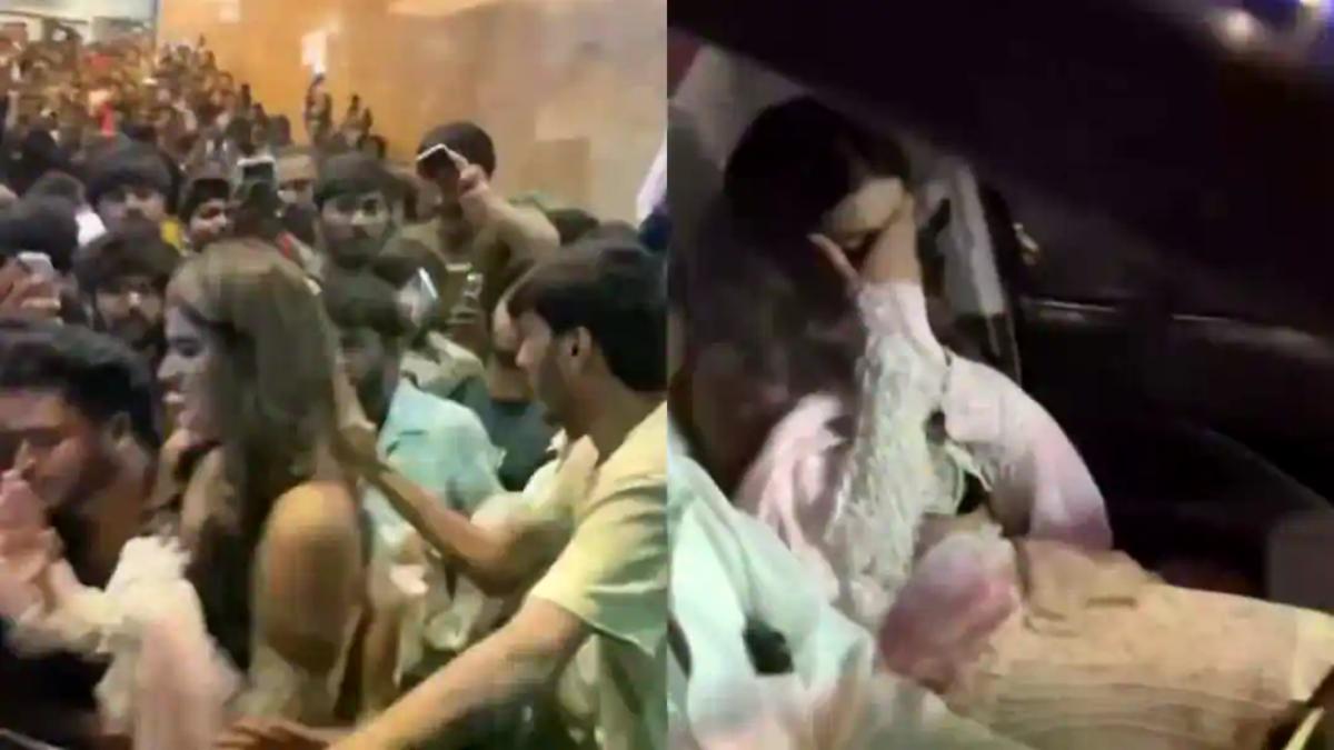 Nidhhi Agerwal mobbed by fans at Raja Saab event